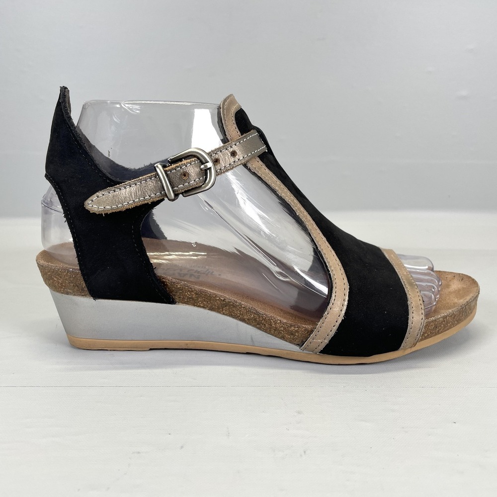 Naot Fiona Wedge Sandals Womens Size 37 Black Leather Comfort Buckle Shoes